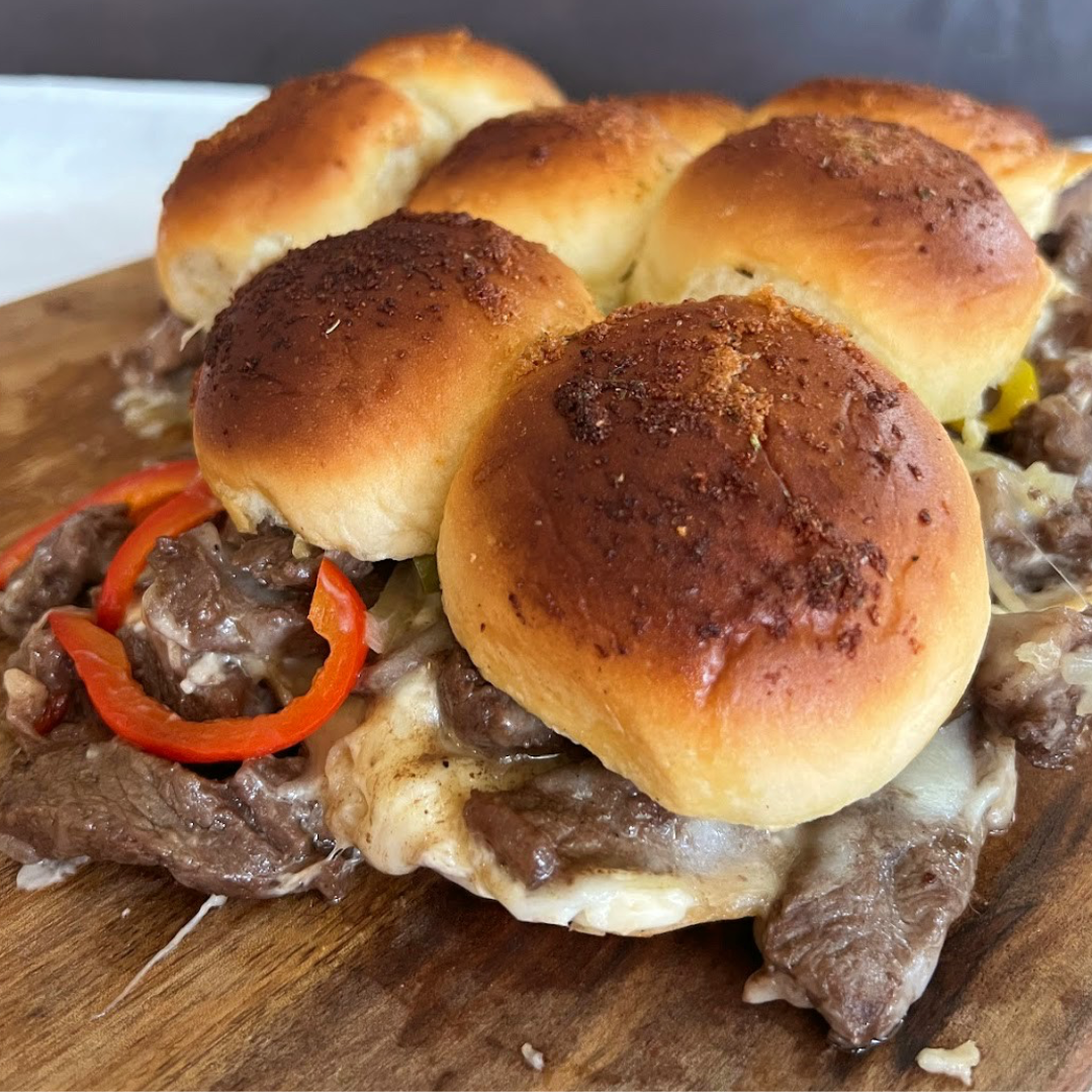 Philly cheesesteak sliders made by Emily your farmer friend using locally raised beef