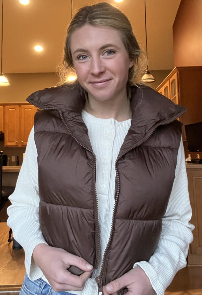 The viral amazon brown puffer vest, worn by your farmer friend Emily