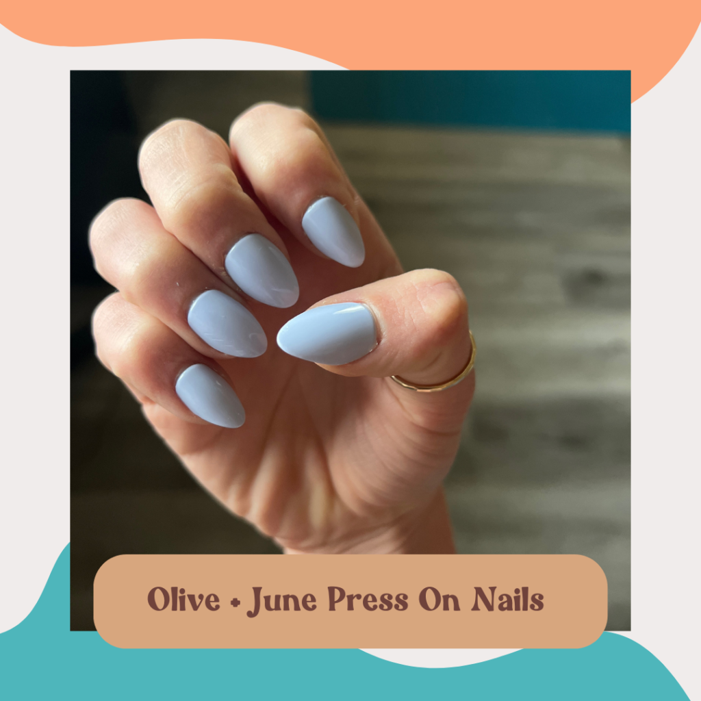 These Olive + June press on nails were so good! They stayed on while in the ocean, on vacation and while on the farm. SO good!